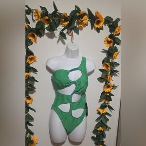 Fashion Nova Green One-Shoulder Cutout One-Piece Swimsuit